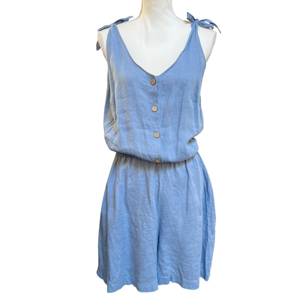 MagicLinen Linen Romper Blue Tie Shoulder Button Front Size M Women’s
